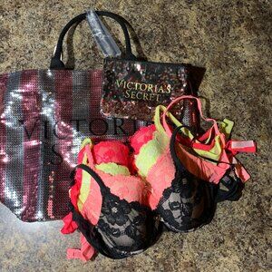 collection of 4 Victoria Secret lined size 34C bras, plus a large sequin tote